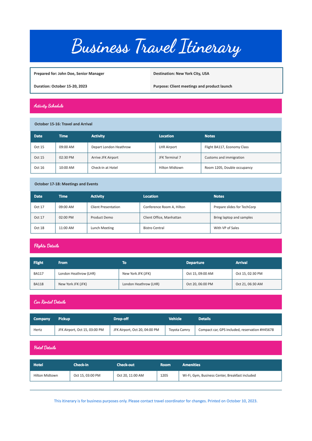 Business travel itinerary template with flight car rental hotel and activity sections_variant_2